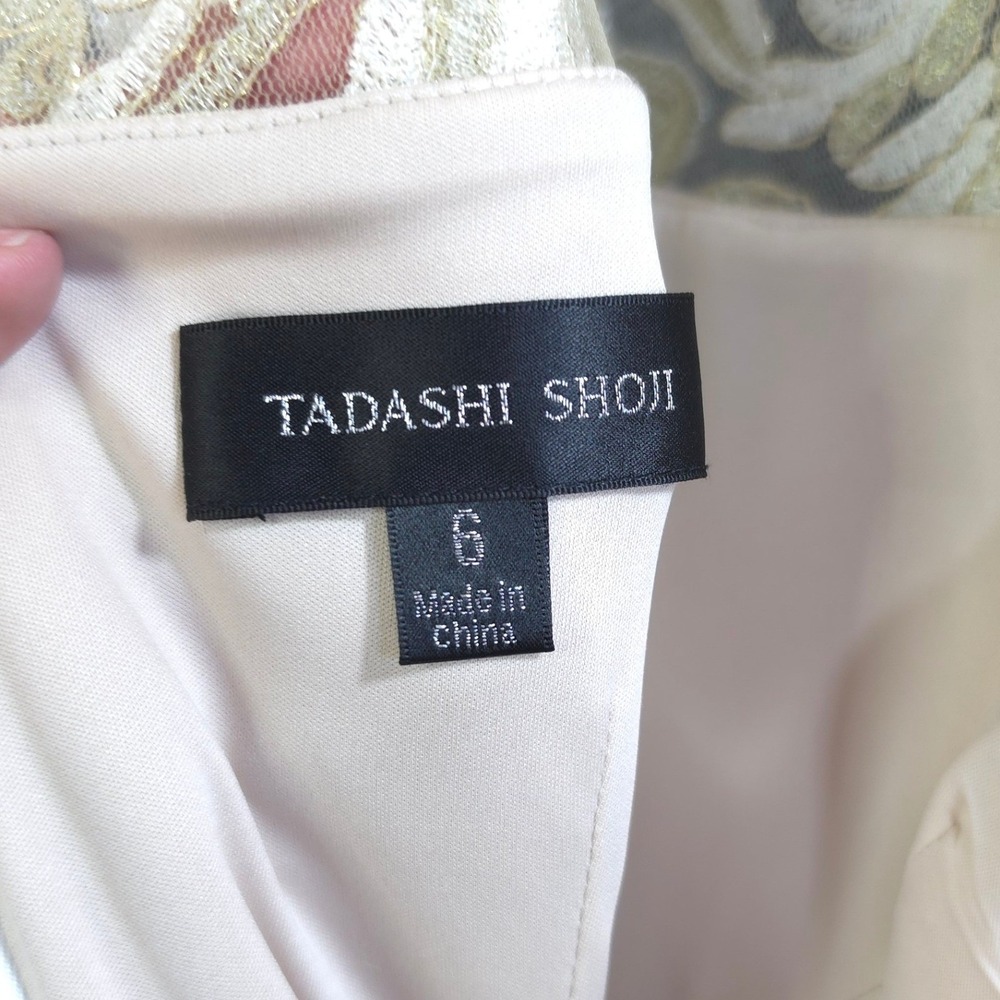 Tadashi Shoji Glam Lace Embroidered Cocktail Dress 6 Champagne Gold Silver Luxe - Picture 3 of 11